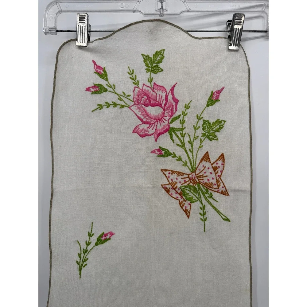 Vintage Hand Embroidered Table Runner Dresser Scarf Floral Rose Scalloped 39x11